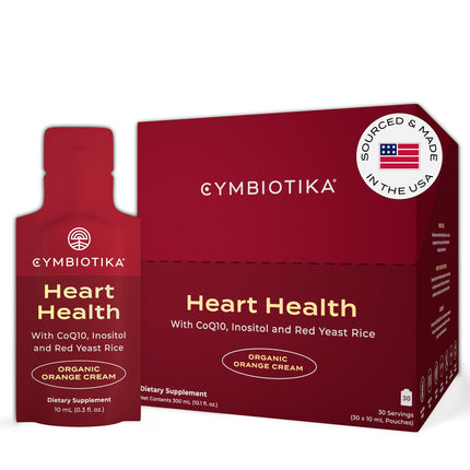 CYMBIOTIKA Heart Health Supplement with CoQ10, Red Yeast Rice & Inositol, Gluten Free Supplements to Support Circulation & Aging, Organic Orange Cream Flavor, 30 Pack