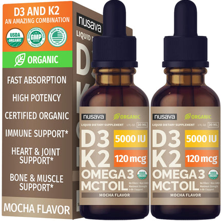 (2 Pack) Organic Vitamin D3 K2 Drops with MCT Oil & Omega 3 - Liquid Vitamin D3 5000 IU - K2 D3 Vitamin Supplement - Vitamin D Drops for Women & Men - No Fillers, Non-GMO, GMP, Mocha Flavor (2 Fl Oz)