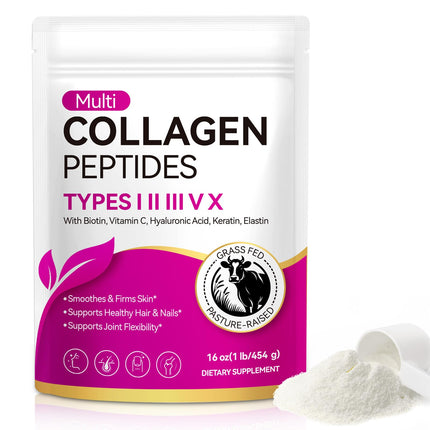 AEBEFBAW Multi Collagen Peptides Powder | Types I, II, III, V, X | 16 Oz (41 Servings) Hydrolyzed Collagen Peptides | Supports Healthy Skin, Joints, Hair, and Nails | Unflavored & Dissolves Easily