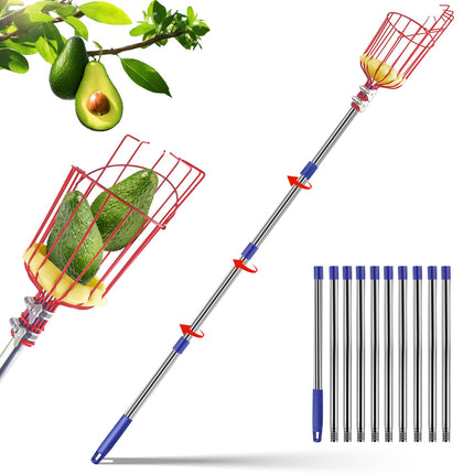 Qiullen 13 FT Extendable Fruit Picker Pole Tool Adjustable Long Handle Fruit Picker Metal Basket Fruit Grabber Tool with Protective Foam Pad Stainless Steel Garden Picker Tool for Apple Mango Lemon