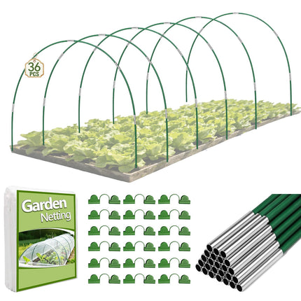 Nsitehalo 36pcs Garden Hoops for Raised Beds with Garden Netting, Rust-Free Fiberglass Greenhouse Hoops Grow Tunnel & Clips, Hoop House Support Frame for Row Cover & Plant Stakes for Vegetables