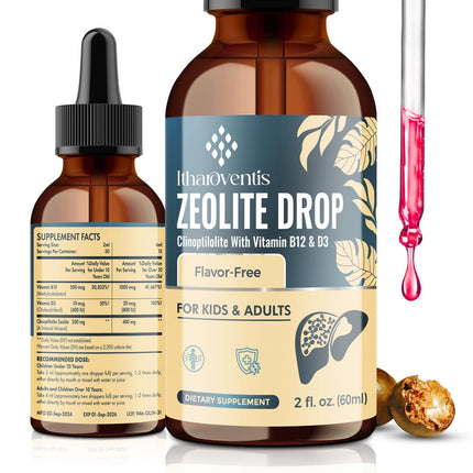 Itharoventis Zeolite Drops for Kids and Adults, Zeolite Clinoptilolite Liquid with Methyl Vitamin B12 & D3 for Gut & Speech, Immune, Bone, Energy, Monk Fruit Flavor, 2 Fl Oz