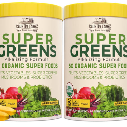 Country Farms Super Greens Apple Banana Powder Smoothie, Organic Super Foods, USDA Organic Drink Mix, Fruits, Vegetables, Mushrooms, Superfood Nutrition, 40 Servings, 2 Pack