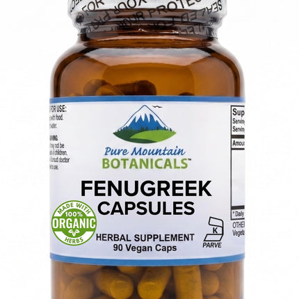Pure Mountain Botanicals Fenugreek Capsules 600mg Organic - 90 Vegan Kosher Caps - Fenugreek Seed Supplement for Women and Men - Non-GMO Gluten Free - Fenogreco