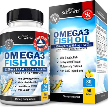Triple Strength Omega 3 Fish Oil 3000mg - High Potency Omega 3 Supplement for Women and Men, Burpless Lemon Flavor Fish Oil - 2250mg Essential Fatty Acids with DHA & EPA, Wild Caught, 90 Softgels
