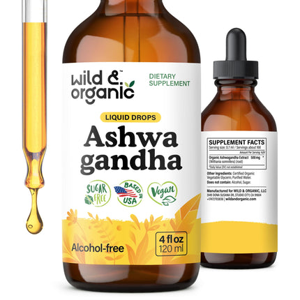 Wild & Organic Ashwagandha Extract Liquid Drops - Relaxation & Calmness Support - 500 mg Ashwagandha for Men & Women - Add to Tea Herbal Supplements - Vegan, Sugar & Alcohol-Free Tincture - 2 fl oz