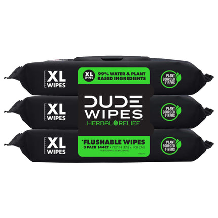 DUDE Wipes Herbal Relief Flushable Wipes - Extra-Large Adult Wet Wipes - 12 Pack (144 Count) - Infused with Soothing Witch Hazel, Geranium Essential Oils, Vitamin E, and Aloe - Septic and Sewer Safe