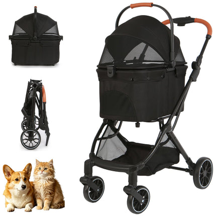 VRHOT Pet Stroller for Small Dogs and Cats, Detachable Dog Cat Stroller with All-Terrain Shock Absorbing Wheels, One-Click Foldable Design, Adjustable Canopy (Black)