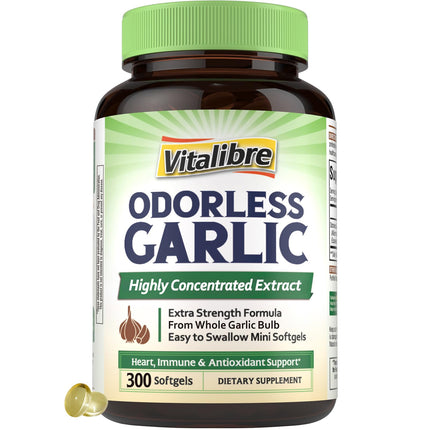 Vitalibre Odorless Garlic, Extra Strength Extract, Non-GMO, No Gluten, Heart & Immunity, Antioxidant Defense, 300 Softgels