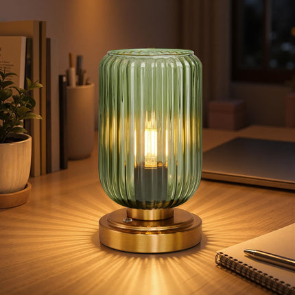 LightRound Cordless Table Lamp for Bedroom, 7500mAh Rechargeable Battery Operated Lamp, Modern Touch Dimmable Wireless Lamp Gold Base Green Glass Shade for Living Room, Desk, Led Bulb Included