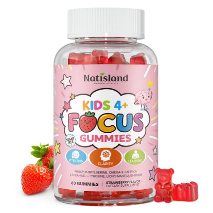NATISLAND Focus Gummies for Kids, Brain Supplements with Phosphatidylserine, Omega-3 & Saffron, for Kids Memory, Focus & Attention Support, Sugar Free, Vegan, Strawberry Flavor, 60 Chewable