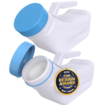 Urinals for Men Spill Proof by PerfectMed (2 Pack) - 32 oz/ 1000 ml | Portable Urine Bottle Bed Pan W/Glow in Dark Lid | Thick Plastic Pee Urinal Bottle
