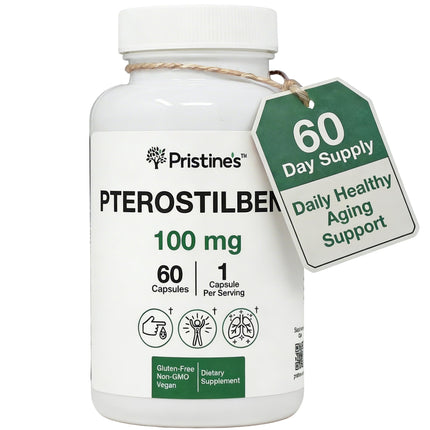 PRISTINE'S Pterostilbene 100mg Anti Aging Supplement Capsules - 60 Day Supply - Lung Health & Mental Clarity Antioxidant - High Bioavailability Vegan Non GMO