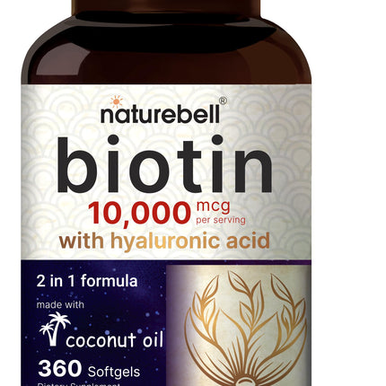 NatureBell Biotin 10000mcg + Hyaluronic Acid 25mg | 360 Coconut Oil Softgels, Premium Biotin Supplement for Hair Skin and Nails*