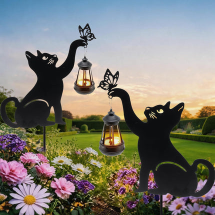 CabyGift Black Cat Solar Lights Outdoor, 2 Pack Waterproof Solar Cat Garden Stakes with Butterfly Decorative, Metal Cat Yard Decor for Patio, Lawn & Pathway, Cat Lover Gifts for Women Mom (2 Cat)