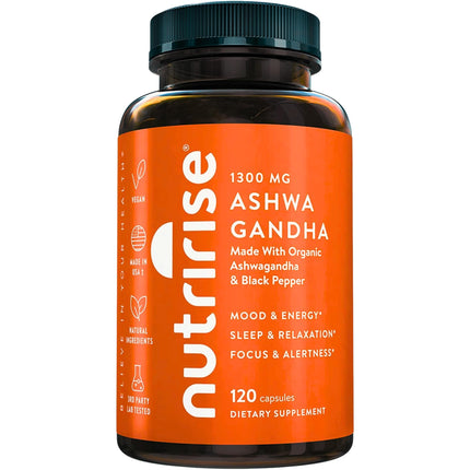 NutriRise Organic Ashwagandha Root Capsules with Black Pepper, 1300mg, Natural Stress & Mood, Thyroid, and Immune Support Supplement, Clarity, Focus & Energy, Gluten Free, 120 Count