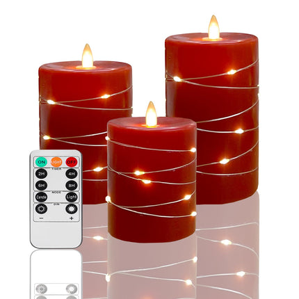 Fanzir Red Flameless Candles with String Lights Battery Operated LED Pillar Candles 4‘’ 5‘’ 6‘’ Candle with Remote Control,Fake Candle Set of 3 for Christmas or Special Festivals Decorations