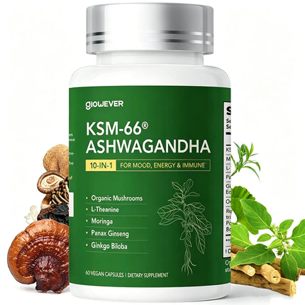 GlowEver KSM-66 Ashwagandha Supplements with L-Theanine Moringa Organic Mushrooms Complex Ginseng Ginkgo Biloba - Mood & Energy Support, Cortisol Support, Immune Support, 60 Vegan Capsules