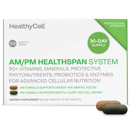 HealhtyCell AM/PM Healthspan System - 90+ Vitamins, Minerals, Protective Phytonutrients, Probiotics & Enzymes for Advanced Cellular Nutrition - 60 AM Tablets & 60 PM Tablets