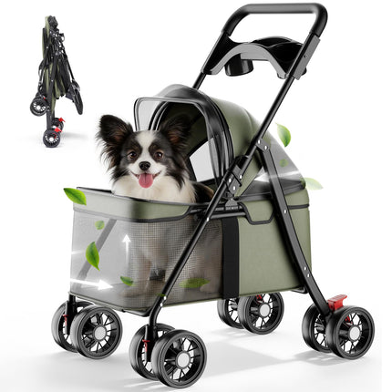 GTPLAYER Foldable Pet Stroller for Small Dogs and Cats, Holds Up to 33 lb, 4-Wheel Stroller with 2 Safety Tethers, Breathable Mesh, Lockable Front Wheels, Cup Holder/Tray & Storage Pocket, Green