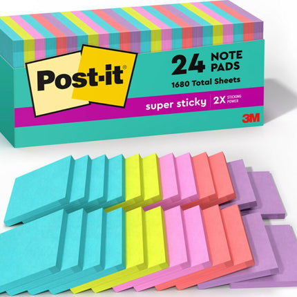 Post-it Super Sticky Notes, 3 x 3 in, Supernova Neons, 24 Pads