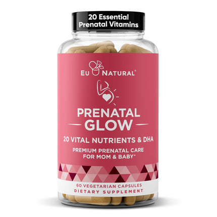 Eu Natural Glow Prenatal Vitamins for Women - 20-in-1 Prenatal Multivitamin with Folate & Vegan DHA - Supports Healthy Pregnancy, Fetal Development & Mom’s Comfort - 60 Vegetarian Capsules