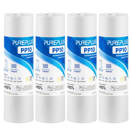 PUREPLUS 5 Micron 10" x 2.5" Whole House Sediment Home Water Filter Cartridge Replacement for Any 10 inch RO Unit, Culligan P5, Aqua-Pure AP110, Dupont WFPFC5002, CFS10, WHKF-G05, 4Pack