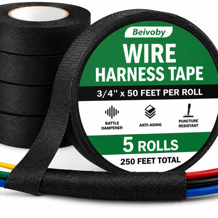 BEIVOBY 5 Rolls High Temp Wire Harness Tape, 250 FT Automotive Cloth Tape for Engine Wiring Loom, Electrical Cable Bundling, Noise & Vibration Damping, 3/4 in x 50 ft Each