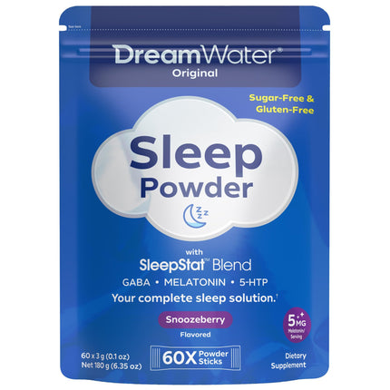 Dream Water Sleep Powder, Sugar-Free, Gluten-Free, Natural Flavors; Blend of 3 Ingredients, GABA, 5mg Melatonin, 5-HPT; Snoozeberry Flavor 60ct