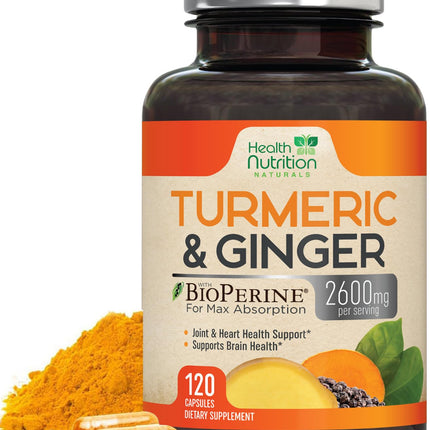 Turmeric Curcumin Supplement - 2200mg Curcumin Complex & 400mg Organic Ginger per Serving - 95% Curcuminoids & BioPerine Black Pepper for Best Absorption & Joint Support, Bottled in USA - 120 Capsules