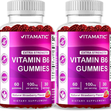 Vitamatic 2 Packs Vitamin B6 100mg Gummies – Natural Strawberry Flavor – 60 Pectin-Based Gummies per Bottle – Nervous System & Energy Support