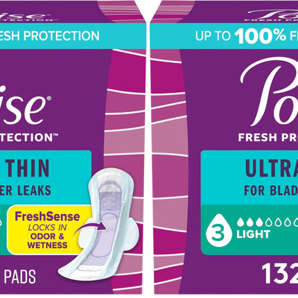 Poise Ultra Thin Incontinence & Postpartum Pads with Wings for Bladder Leaks, 3 Drop Light Absorbency, Regular Length, Packaging May Vary,132 Count (Pack of 2)