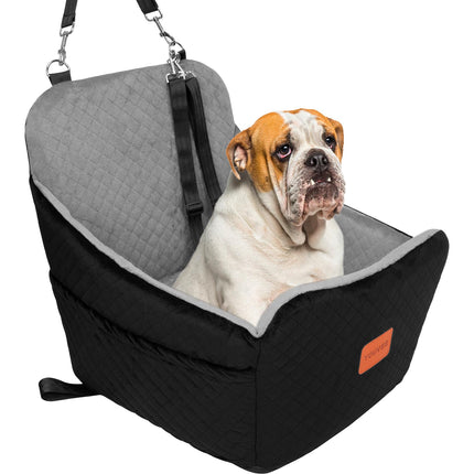 YOUVEE Dog Car Seat for Small/Medium Dog 20lbs 25lbs up to 32 lbs,Fully Detachable and Washable Puppy Booster seat with Storage Pockets,2 Adjustable Safety Belts(Black Outside Grey Inside)