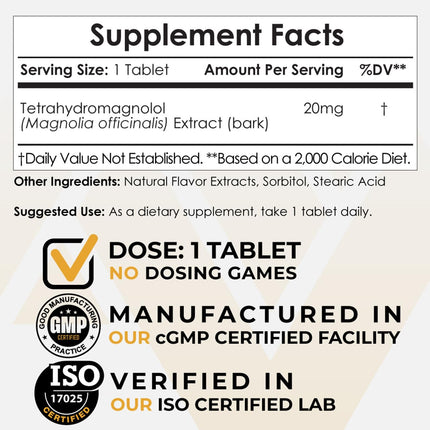 Nootropics Depot Tetrahydromagnolol Quick Dissolve Tablets | 20mg | Magnolia officinalis | Healthy Inflammation Response, Mood, & Gastrointestinal Support | 60 Count