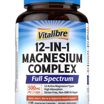 Vitalibre 12 in 1 Magnesium Complex Supplement 500mg | Max Absorption Chelated Magnesium Glycinate Citrate Malate & More for Bone, Nerve & Digestive Support | Non-GMO Vegan Capsules (120 Count)