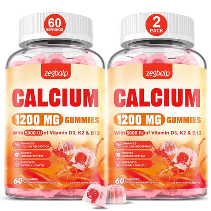 Calcium 1200 mg with Vitamin D3 Supplement for Adults - Calcium Gummies with Vitamin D3 5000IU, K2, B12 for Women Men - Extra Absorption Calcium Citrate - Natural Strawberry Flavor, 120 Gummies