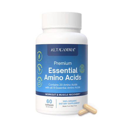 ALTAGAMMA Pure Amino Acids Complex - Protein for Pre/Post Workout, Energy & Muscle Recovery - 9 Essential Amino Acids Supplement (EAA) & BCAAs - Leucine, Lysine, L Tyrosine, L Arginine, 60 Capsules