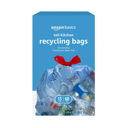 Amazon Basics Blue Recycling Drawstring Trash Bags, Tall Kitchen, Unscented, 13 Gallon, 60 Count (Pack of 6)
