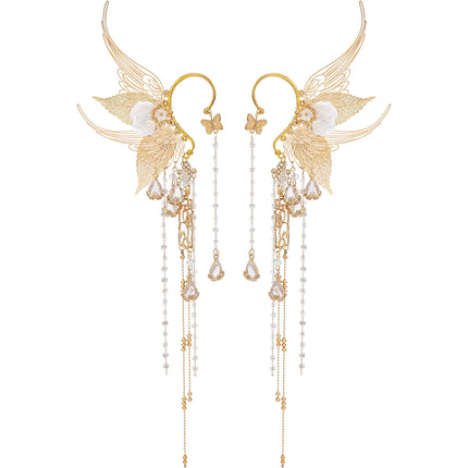 Renaissance Fairy Elf Ear Cuffs - Gold Mermaid Ears Elven Ear Cuffs with Tassel Butterfly Ear Wrap Earrings Non Piercing Earrings for Women Renfaire Halloween Christmas Dress Up Cosplay Accessories