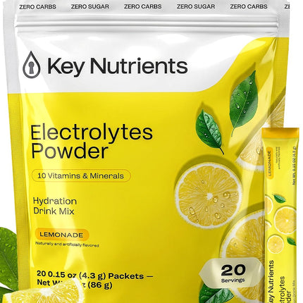 KEY NUTRIENTS Electrolytes Powder Packets - Multivitamin Lemonade 20 Pack Hydration Packets - Travel Hydration Powder - Improved Refreshing Taste - Made in USA - No Sugar, No Calories, Gluten Free