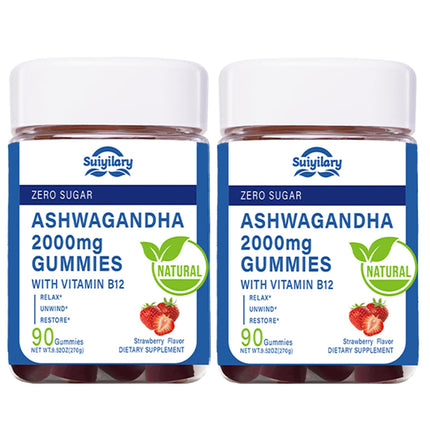 Suiyilary Ashwagandha Gummies 2000mg, Ashwagandha High Strength Root Extract Supplement with Vitamin B12 for Men Women, Strawberry Flavour 90 Days Supply 90 Gummies 2pack