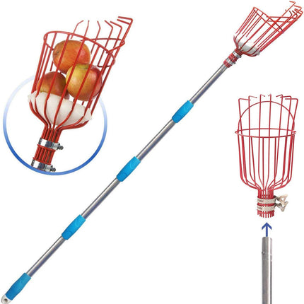 8FT Fruit Picker, Fruit Picker Tool with Basket & Adjustable Stainless Steel Handle, Lightweight Fruit Grabber for Apple Mango Avocado Orange Lemon, Easy Assembly & No Ladder Needed for Tall Tree
