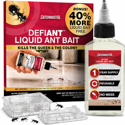 Catchmaster Defiant Premium Liquid Ant Killer, 1-Year Supply, Kills the Queen and Colony, No Mess Precision Bottle, Reusable Ant Traps Indoor & Outdoor, Pest Control Traps, Made in USA