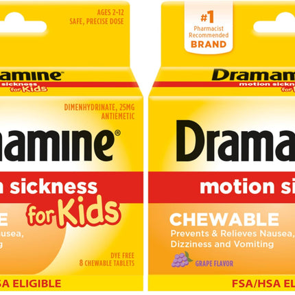 Dramamine Motion Sickness Relief for Kids - Chewable Grape Flavor, 8 Count (Pack of 2)