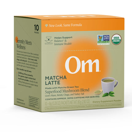 OM MUSHROOM SUPERFOOD Matcha Latte Blend – Green Tea Mushroom Powder with Lion’s Mane, Reishi, Chaga & Turkey Tail – Focus, Calm & Stress Support – Single Serve Packets (10 Count)