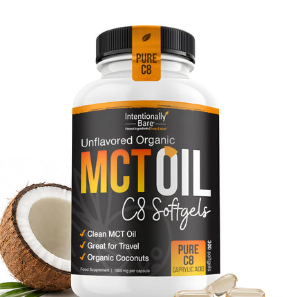 Intentionally Bare Organic Pure C8 MCT Oil Capsules – 99.2% C8, .8% C10 MCT Oil Pills–Sustained Energy, Mood & Focus – from 100% Pure Organic Coconuts - Easy to Swallow and Travel - 300 Soft Gels