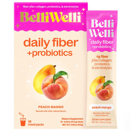 Belli Welli Daily Fiber Supplement Packets with Collagen, Probiotics & Electrolytes | Single Serve Packets for Gut Health, Digestion & Debloating | Wild Berry | 10 Count