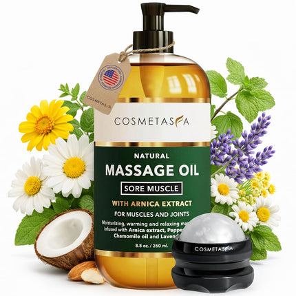 Cosmetasa Massage Oil for Sore Muscle Massage Therapy with Roller - All Natural, Cruelty-Free Massage Oils for Muscle Relaxing & Joint Comfort - Arnica Extract with Lavender & Chamomile Oil (8.8 oz)