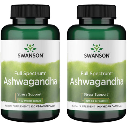 Swanson Ashwagandha Powder Supplement - with Ashwagandha Root to Promote Stress Relief & Energy - Ayurvedic Supplement for Natural Wellness (100 Capsules, 450mg Each) 2 Pack