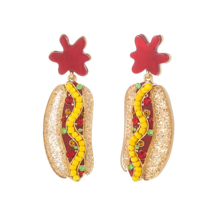 Madison Tyler Hot Dog Dangle Earrings Ketchup Splash Funny Food Jewelry